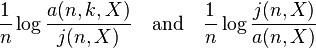 \frac1n \log \frac{a(n,k,X)}{j(n,X)} \quad \text{and} \quad \frac{1}{n} \log\frac{j(n,X)}{a(n,X)}