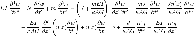 
  \begin{align}
   EI~\cfrac{\partial^4 w}{\partial x^4} & + N~\cfrac{\partial^2 w}{\partial x^2} + m~\frac{\partial^2 w}{\partial t^2} - \left(J+\cfrac{mEI}{\kappa AG}\right)~\cfrac{\partial^4 w}{\partial x^2 \partial t^2} + \cfrac{mJ}{\kappa AG}~\cfrac{\partial^4 w}{\partial t^4} + \cfrac{J \eta(x)}{\kappa AG}~\cfrac{\partial^3 w}{\partial t^3} \\
  & -\cfrac{EI}{\kappa AG}~\cfrac{\partial^2}{\partial x^2}\left(\eta(x)\cfrac{\partial w}{\partial t}\right) + \eta(x)\cfrac{\partial w}{\partial t} = q + \cfrac{J}{\kappa AG}~\frac{\partial^2 q}{\partial t^2} - \cfrac{EI}{\kappa A G}~\frac{\partial^2 q}{\partial x^2}
  \end{align}
