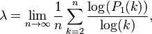 \lambda = \lim_{n\to\infty} \frac1n \sum_{k=2}^n \frac{\log(P_1(k))}{\log(k)},