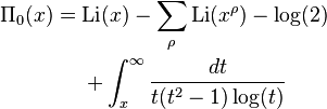 \begin{align}\Pi_0(x) &= \operatorname{Li}(x) - \sum_\rho \operatorname{Li}(x^\rho) -\log(2) \\ &\ \ \ \ +\int_x^\infty\frac{dt}{t(t^2-1)\log(t)}\end{align}