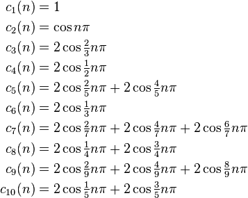 \begin{align}
c_1(n) &= 1 \\
c_2(n) &= \cos n\pi \\
c_3(n) &= 2\cos \tfrac23 n\pi \\
c_4(n) &= 2\cos \tfrac12 n\pi \\
c_5(n) &= 2\cos \tfrac25 n\pi + 2\cos \tfrac45 n\pi \\
c_6(n) &= 2\cos \tfrac13 n\pi \\
c_7(n) &= 2\cos \tfrac27 n\pi + 2\cos \tfrac47 n\pi + 2\cos \tfrac67 n\pi \\
c_8(n) &= 2\cos \tfrac14 n\pi + 2\cos \tfrac34 n\pi \\
c_9(n) &= 2\cos \tfrac29 n\pi + 2\cos \tfrac49 n\pi + 2\cos \tfrac89 n\pi \\
c_{10}(n)&= 2\cos \tfrac15 n\pi + 2\cos \tfrac35 n\pi \\
\end{align}