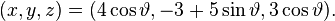  (x,y,z) = (4 \cos \vartheta, -3+5 \sin \vartheta, 3 \cos \vartheta) . \,\!