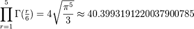  \prod_{r=1}^5 \Gamma(\tfrac{r}{6}) = 4\sqrt{\frac{\pi^5}{3}} \approx 40.3993191220037900785