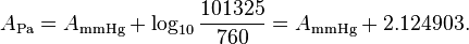 A_{\mathrm{Pa}} = A_{\mathrm{mmHg}} + \log_{10}\frac{101325}{760} = A_{\mathrm{mmHg}} + 2.124903.