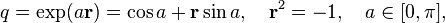 q = \exp(a\mathbf{r}) = \cos a + \mathbf{r} \sin a, \quad \mathbf{r}^2 = -1, \quad a \in [0,\pi],