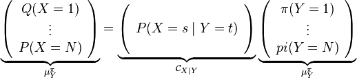  \underbrace{ \left(
\begin{array}{c}
Q(X=1) \\
\vdots \\
P(X = N) \\
\end{array}
\right) }_{\mu_Y^\pi} = \underbrace{ \left( \begin{array}{c} \\  P(X=s \mid Y=t) \\ \\ \end{array} \right) }_{ \mathcal{C}_{X\mid Y} } \underbrace{ \left(
\begin{array}{c}
\pi(Y=1) \\
\vdots \\
pi(Y = N) \\
\end{array}
\right) }_{ \mu_Y^\pi} 