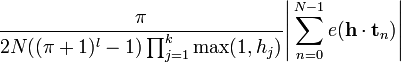 \frac {\pi}{2N((\pi+1)^l -1)\prod_{j=1}^k {\rm max}(1,h_j)}\Bigg|\sum_{n=0}^{N-1} e(\mathbf{h}\cdot \mathbf{t}_n)\Bigg|