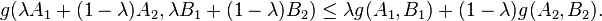 
g(\lambda A_1 + (1-\lambda)A_2,\lambda B_1 + (1-\lambda)B_2 ) \leq \lambda g(A_1, B_1) + (1 -\lambda)g(A_2, B_2).
