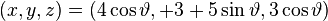  (x,y,z) = (4 \cos \vartheta, +3+5 \sin \vartheta, 3 \cos \vartheta) \,\!