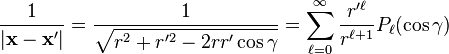 
\frac{1}{\left| \mathbf{x}-\mathbf{x}^\prime \right|} = \frac{1}{\sqrt{r^2+r^{\prime 2}-2rr'\cos\gamma}} = \sum_{\ell=0}^{\infty} \frac{r^{\prime \ell}}{r^{\ell+1}} P_{\ell}(\cos \gamma)
