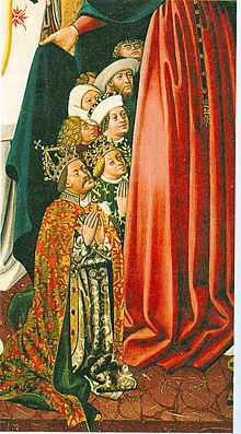 A crowned man with a moustache and blonde crowned lady on their knees, surrounded by other men and women on their knees