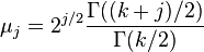 \mu_j=2^{j/2}\frac{\Gamma((k+j)/2)}{\Gamma(k/2)}