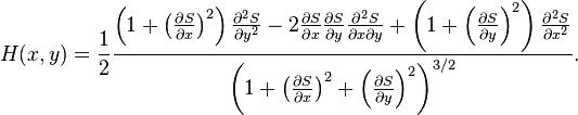 
\begin{align}
H(x,y) & = 
\frac{1}{2}\frac{
\left(1 + \left(\frac{\partial S}{\partial x}\right)^2\right) \frac{\partial^2 S}{\partial y^2} - 
2 \frac{\partial S}{\partial x} \frac{\partial S}{\partial y} \frac{\partial^2 S}{\partial x \partial y} + 
\left(1 + \left(\frac{\partial S}{\partial y}\right)^2\right) \frac{\partial^2 S}{\partial x^2}
}{\left(1 + \left(\frac{\partial S}{\partial x}\right)^2 + \left(\frac{\partial S}{\partial y}\right)^2\right)^{3/2}}.
\end{align}
