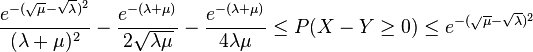 
 \frac{e^{-(\sqrt{\mu} -\sqrt{\lambda})^2  }}{(\lambda + \mu)^2} - \frac{e^{-(\lambda + \mu)}}{2\sqrt{\lambda \mu}} - \frac{e^{-(\lambda + \mu)}}{4\lambda \mu} \leq P(X - Y \geq 0) \leq e^{- (\sqrt{\mu} -\sqrt{\lambda})^2}
