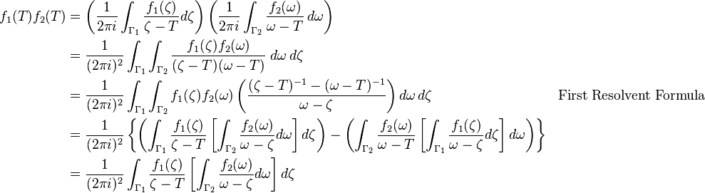 \begin{align}
f_1 (T) f_2(T) &= \left (\frac{1}{2\pi i}\int_{\Gamma_1}\frac{f_1(\zeta)}{\zeta-T} d \zeta \right ) \left (\frac{1}{2 \pi i} \int_{\Gamma_2}\frac{f_2(\omega)}{\omega-T}\, d \omega \right )\\
&= \frac{1}{(2\pi i)^2} \int_{\Gamma_1} \int_{\Gamma_2} \frac{f_1(\zeta)f_2(\omega)}{(\zeta-T)(\omega-T)}\; d \omega \, d \zeta \\
&= \frac{1}{(2\pi i)^2} \int_{\Gamma_1} \int_{\Gamma_2} f_1(\zeta) f_2 (\omega) \left ( \frac{(\zeta - T)^{-1} - (\omega - T)^{-1}}{\omega - \zeta} \right ) d \omega \, d \zeta && \text{First Resolvent Formula}\\
&= \frac{1}{(2 \pi i)^2}\left \{\left (\int _{\Gamma_1}  \frac{f_1(\zeta)}{\zeta-T}\left[\int_{\Gamma_2}\frac{f_2(\omega)}{\omega - \zeta} d\omega\right] d \zeta \right )- \left (\int_{\Gamma_2} \frac{f_2(\omega)}{\omega-T}\left[\int_{\Gamma_1}\frac{f_1(\zeta)}{\omega - \zeta}d\zeta\right] d \omega\right)\right \} \\
&= \frac{1}{(2 \pi i)^2} \int _{\Gamma_1} \frac{f_1(\zeta)}{\zeta-T}\left[\int_{\Gamma_2}\frac{f_2(\omega)}{\omega - \zeta} d\omega\right] d \zeta  
\end{align}