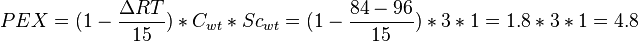 PEX = (1 - \frac{\Delta RT}{15}) * C_{wt} * Sc_{wt} = (1 - \frac{84-96}{15}) * 3 * 1 = 1.8 * 3 * 1 = 4.8