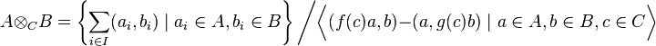 A \otimes_{C} B = \left\{\sum_{i \in I} (a_{i},b_{i}) \; \big| \; a_{i} \in A, b_{i} \in B \right\} \Bigg/ \bigg\langle (f(c)a,b) - (a,g(c)b) \; \big| \; a \in A, b \in B, c \in C \bigg\rangle 