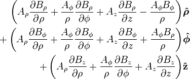 \begin{align}
  \left(A_\rho \frac{\partial B_\rho}{\partial \rho}+\frac{A_\phi}{\rho}\frac{\partial B_\rho}{\partial \phi}+A_z\frac{\partial B_\rho}{\partial z}-\frac{A_\phi B_\phi}{\rho}\right)
  &\boldsymbol{\hat{\rho}} \\
+ \left(A_\rho \frac{\partial B_\phi}{\partial \rho} + \frac{A_\phi}{\rho}\frac{\partial B_\phi}{\partial \phi} + A_z\frac{\partial B_\phi}{\partial z} + \frac{A_\phi B_\rho}{\rho}\right)
  &\boldsymbol{\hat{\phi}}\\
+ \left(A_\rho \frac{\partial B_z}{\partial \rho}+\frac{A_\phi}{\rho}\frac{\partial B_z}{\partial \phi}+A_z\frac{\partial B_z}{\partial z}\right)
  &\mathbf{\hat{z}}
\end{align}