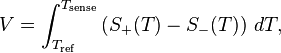 V = \int_{T_\mathrm{ref}}^{T_\mathrm{sense}} \left( S_{+}(T) - S_{-}(T) \right) \, dT,