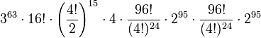  3^{63} \cdot 16! \cdot \left(\frac{4!}{2}\right)^{15} \cdot 4 \cdot \frac{96!}{(4!)^{24}} \cdot 2^{95} \cdot \frac{96!}{(4!)^{24}} \cdot 2^{95}