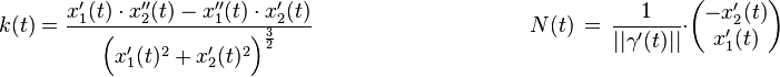 k(t) = \frac{x_1'(t) \cdot x_2''(t) - x_1''(t) \cdot x_2'(t)}{\Big( x_1'(t)^2+x_2'(t)^2 \Big)^{\frac{3}{2}}} \qquad\qquad \qquad\qquad\qquad N(t)\,=\,\frac{1}{|| \gamma'(t)||}\cdot\begin{pmatrix} -x_2'(t)  \\ x_1'(t) \end{pmatrix}