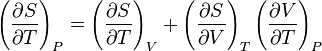 \left(\frac{\partial S}{\partial T}\right)_{P} = \left(\frac{\partial S}{\partial T}\right)_{V}+ \left(\frac{\partial S}{\partial V}\right)_{T}\left(\frac{\partial V}{\partial T}\right)_{P}\,