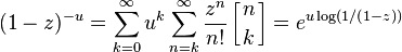 (1-z)^{-u}
= \sum_{k=0}^\infty u^k \sum_{n=k}^\infty \frac {z^n}{n!} \left[{n\atop k}\right] = e^{u\log(1/(1-z))}