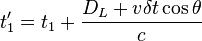 t_1^\prime = t_1 + \frac{D_L+v\delta t \cos\theta}{c}