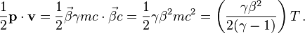 \begin{align}
\frac 12 \mathbf{p} \cdot \mathbf{v} &
= \frac 12 \vec{\beta} \gamma mc \cdot \vec{\beta} c
= \frac 12 \gamma \beta^2 mc^2
= \left( \frac{\gamma \beta^2}{2(\gamma-1)}\right) T
\,.\end{align}