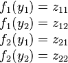 
\begin{array}{lcl}
        f_1(y_1) = z_{11} \\
        f_1(y_2) = z_{12} \\
        f_2(y_1) = z_{21} \\
        f_2(y_2) = z_{22} \\
\end{array}
