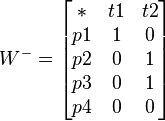  W^{-}=\begin{bmatrix} * & t1 & t2 \\ p1 & 1  & 0 \\ p2 & 0 & 1 \\ p3 & 0 & 1 \\ p4 & 0 & 0 \end{bmatrix} 