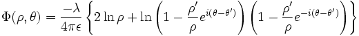
\Phi(\rho, \theta) =
\frac{-\lambda}{4\pi\epsilon} \left\{ 2\ln \rho +
\ln \left( 1 - \frac{\rho^{\prime}}{\rho} e^{i \left(\theta - \theta^{\prime}\right)} \right) \left( 1 - \frac{\rho^{\prime}}{\rho} e^{-i \left(\theta - \theta^{\prime} \right)} \right) \right\}
