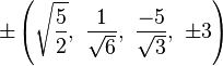 \pm\left(\sqrt{\frac{5}{2}},\ \frac{1}{\sqrt{6}},\ \frac{-5}{\sqrt{3}},\ \pm3\right)