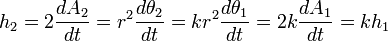 
h_2 = 2 \frac{dA_2}{dt} = r^2 \frac{d\theta_2}{dt} =
k r^2 \frac{d\theta_1}{dt} = 2 k \frac{dA_1}{dt} = k h_1
