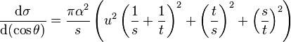 \frac{\mathrm{d} \sigma}{\mathrm{d} (\cos\theta)} = \frac{\pi \alpha^2}{s} \left( u^2 \left( \frac{1}{s} + \frac{1}{t} \right)^2 + \left( \frac{t}{s} \right)^2 + \left( \frac{s}{t} \right)^2 \right) \,