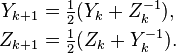  \begin{align}
Y_{k+1} &= \tfrac12 (Y_k + Z_k^{-1}), \\ 
Z_{k+1} &= \tfrac12 (Z_k + Y_k^{-1}). 
\end{align} 