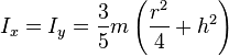 I_x = I_y = \frac{3}{5}m\left(\frac{r^2}{4}+h^2\right) \,\!