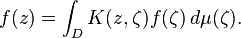 f(z) = \int_D K(z,\zeta)f(\zeta)\,d\mu(\zeta).