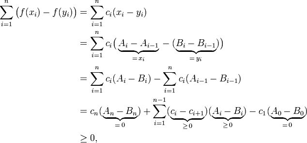 \begin{align}
\sum_{i=1}^n \bigl(f(x_i) - f(y_i)\bigr)
&=\sum_{i=1}^n c_i (x_i - y_i)\\
&=\sum_{i=1}^n c_i \bigl(\underbrace{A_i - A_{i-1}}_{=\,x_i}{} - (\underbrace{B_i - B_{i-1}}_{=\,y_i})\bigr)\\
&=\sum_{i=1}^n c_i (A_i - B_i) - \sum_{i=1}^n c_i (A_{i-1} - B_{i-1})\\
&=c_n (\underbrace{A_n-B_n}_{=\,0}) + \sum_{i=1}^{n-1}(\underbrace{c_i - c_{i + 1}}_{\ge\,0})(\underbrace{A_i - B_i}_{\ge\,0}) - c_1(\underbrace{A_0-B_0}_{=\,0})\\
&\ge0,
\end{align}