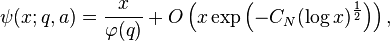 \psi(x;q,a)=\frac{x}{\varphi(q)}+O\left(x\exp\left(-C_N(\log x)^\frac{1}{2}\right)\right),