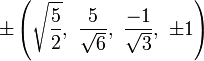 \pm\left(\sqrt{\frac{5}{2}},\ \frac{5}{\sqrt{6}},\  \frac{-1}{\sqrt{3}},\ \pm1\right)