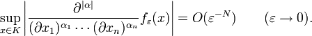 \sup_{x\in K}\left|\frac{\partial^{|\alpha|}}{(\partial x_1)^{\alpha_1}\cdots(\partial x_n)^{\alpha_n}}f_\varepsilon(x)\right| = O(\varepsilon^{-N})\qquad(\varepsilon\to 0).