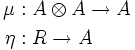 \begin{align}\mu &: A\otimes A \to A\\ \eta &: R\to A\end{align}