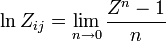 \ln Z_{ij} = \lim_{n\to 0}\dfrac{Z^{n}-1}{n}