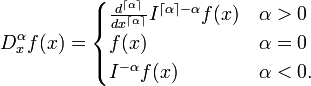 D^\alpha_x f(x) =
\begin{cases}
\frac{d^{\lceil\alpha\rceil}}{dx^{\lceil\alpha\rceil}} I^{\lceil\alpha\rceil-\alpha}f(x)& \alpha>0\\
f(x) & \alpha=0\\
I^{-\alpha}f(x) & \alpha<0.
\end{cases}