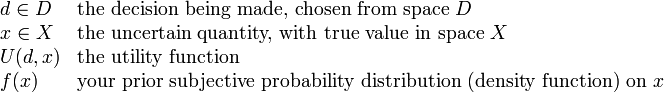 
\begin{array}{ll}
d\in D & \text{the decision being made, chosen from space } D 
\\
x\in X & \text{the uncertain quantity, with true value in space } X
\\
U(d,x) & \text{the utility function}
\\
f(x) & \text{your prior subjective probability distribution (density function) on } x
\end{array}

