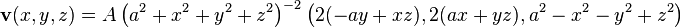 \mathbf{v}(x,y,z) = A \left(a^2+x^2+y^2+z^2\right)^{-2} \left( 2(-ay+xz), 2(ax+yz) , a^2-x^2-y^2+z^2 \right)