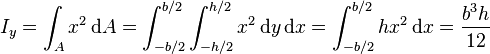 I_{y} = \int_A x^2\,\mathrm dA = \int^{b/2}_{-b/2} \int^{h/2}_{-h/2} x^2 \,\mathrm dy \,\mathrm dx = \int^{b/2}_{-b/2} h x^2\,\mathrm dx = \frac{b^3 h}{12}