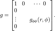 g = \begin{bmatrix}
1&0&\cdots\ 0\\
0&&\\
\vdots &&g_{\phi\phi}(r,\phi)\\
0&&
\end{bmatrix}.