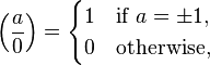 \left(\frac a0\right)=\begin{cases}1&\text{if }a=\pm1,\\0&\text{otherwise,}\end{cases}